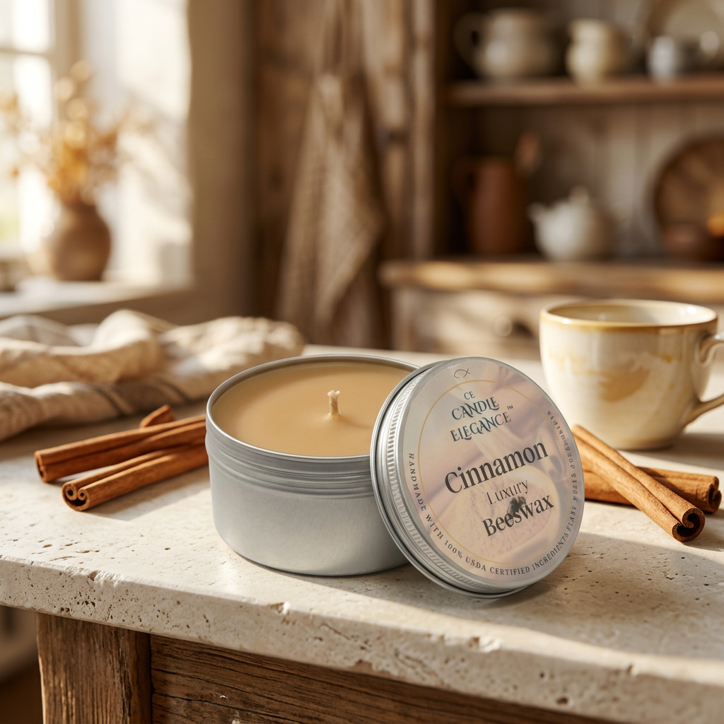 Cinnamon Spice travel candle in a cozy kitchen