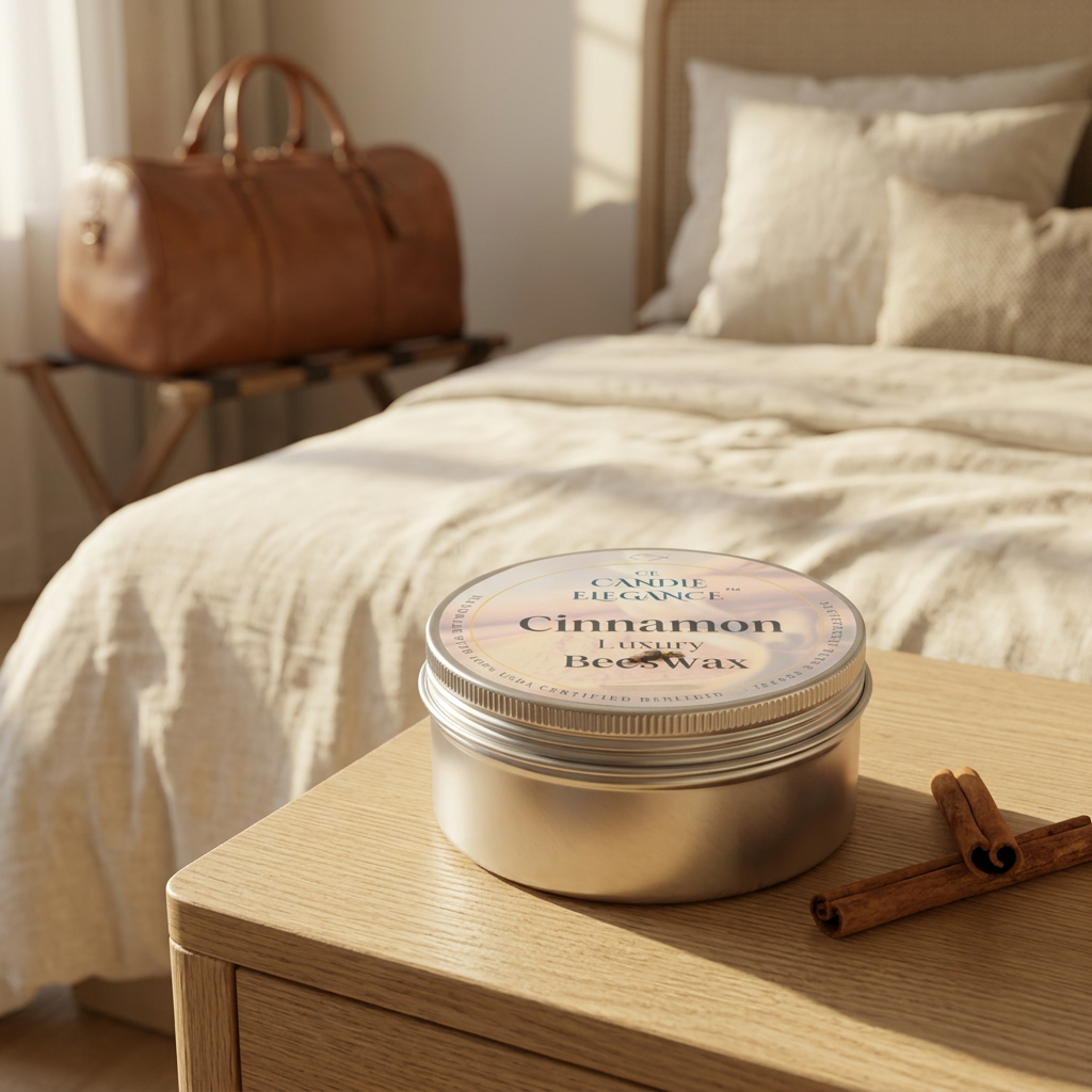 Cinnamon Spice travel candle in an elegant guest room