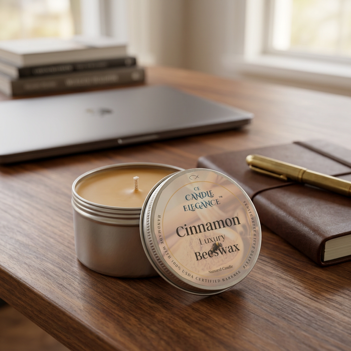 Cinnamon Spice travel candle on a warm walnut office desk