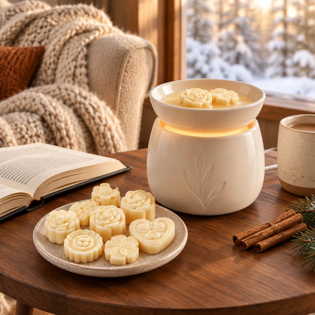Cinnamon Spice wax melts and electric warmer in a winter reading nook