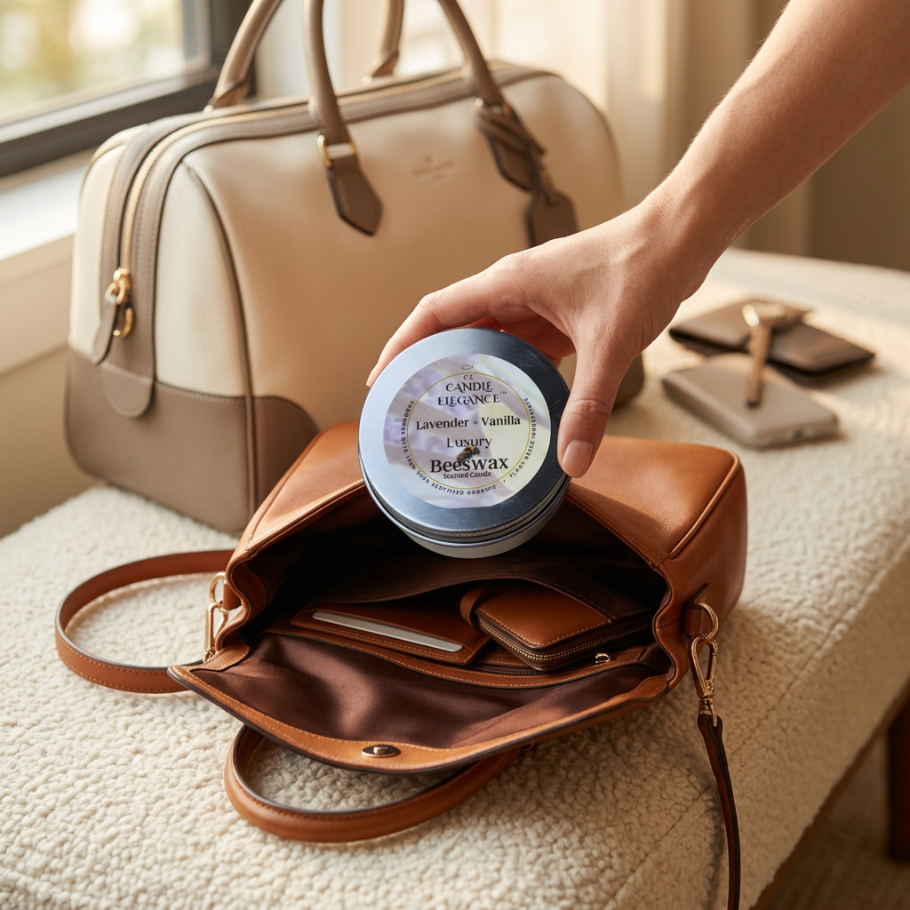 Closed Lavender Vanilla travel candle being placed into a woman’s leather purse