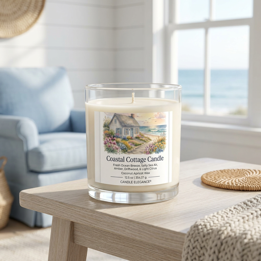 Coastal Cottage Candle in a sunlit seaside cottage