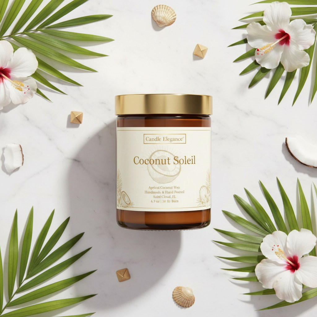 A jar candle labeled 'Coconut Soleil' by Candle Elegance, styled in a flat lay with green palm leaves, white hibiscus flowers, seashells, and small gold geometric pieces on a white marble background.