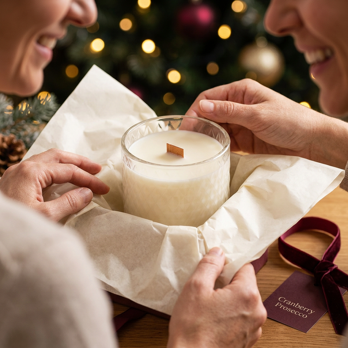 Cranberry Prosecco candle being opened as a Christmas gift