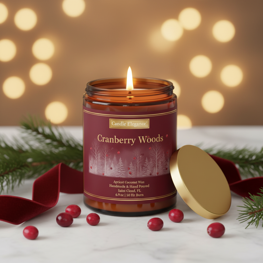 A lit amber glass jar candle labeled 'Cranberry Woods' by Candle Elegance, with its gold lid resting beside it on a marble surface. Pine branches, red ribbon, and scattered cranberries decorate the scene against a warm blurred bokeh background.