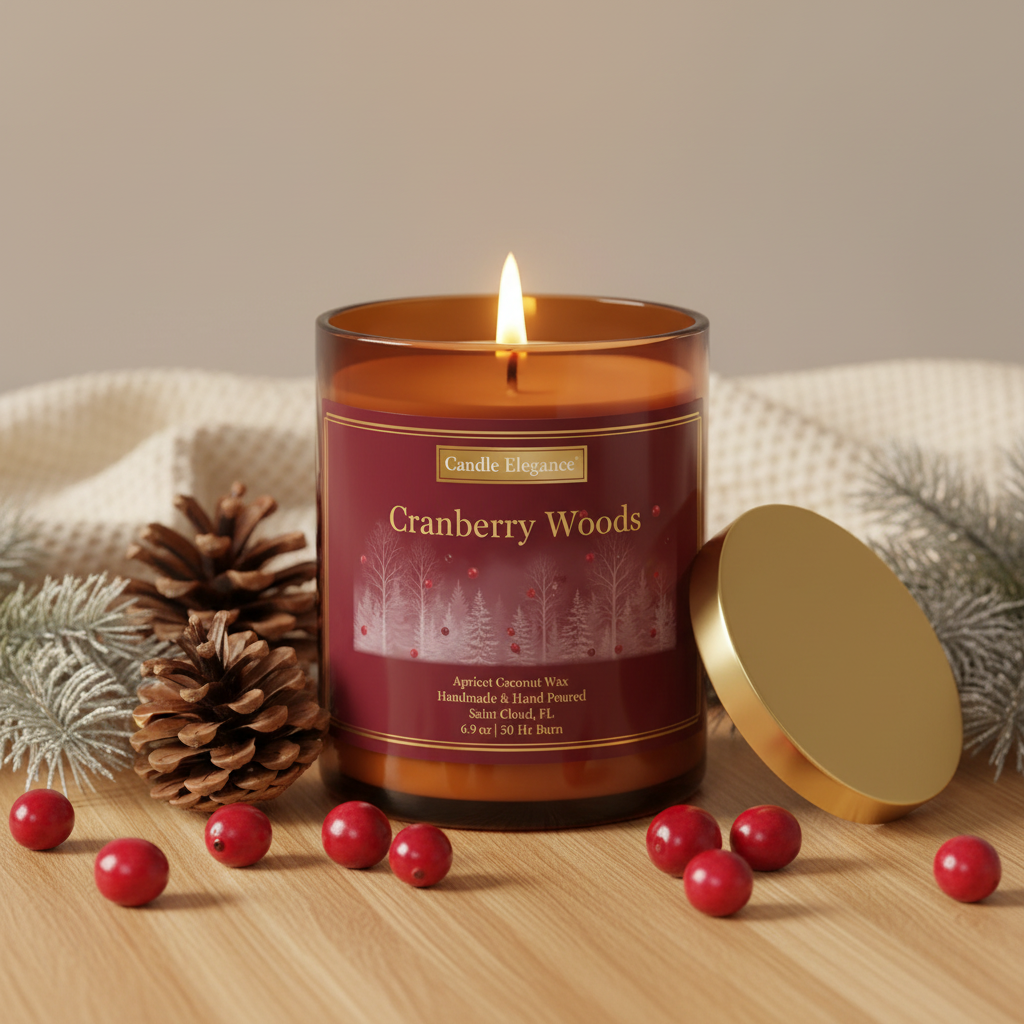 A lit amber glass candle with a red label reading 'Candle Fragrances Cranberry Woods' sits on a wooden surface with a gold lid beside it, surrounded by pinecones, red berries, and soft holiday greenery against a neutral beige background.