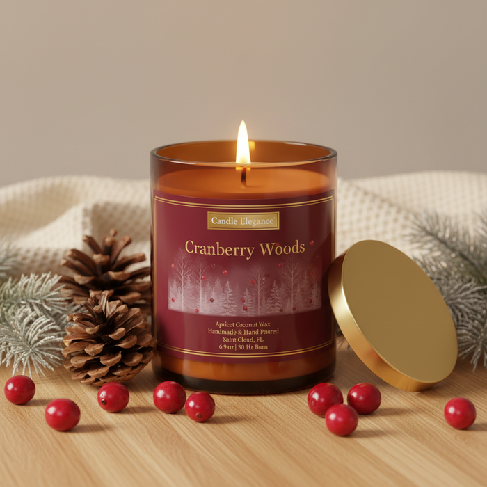 A lit amber glass candle with a red label reading 'Candle Fragrances Cranberry Woods' sits on a wooden surface with a gold lid beside it, surrounded by pinecones, red berries, and soft holiday greenery against a neutral beige background.