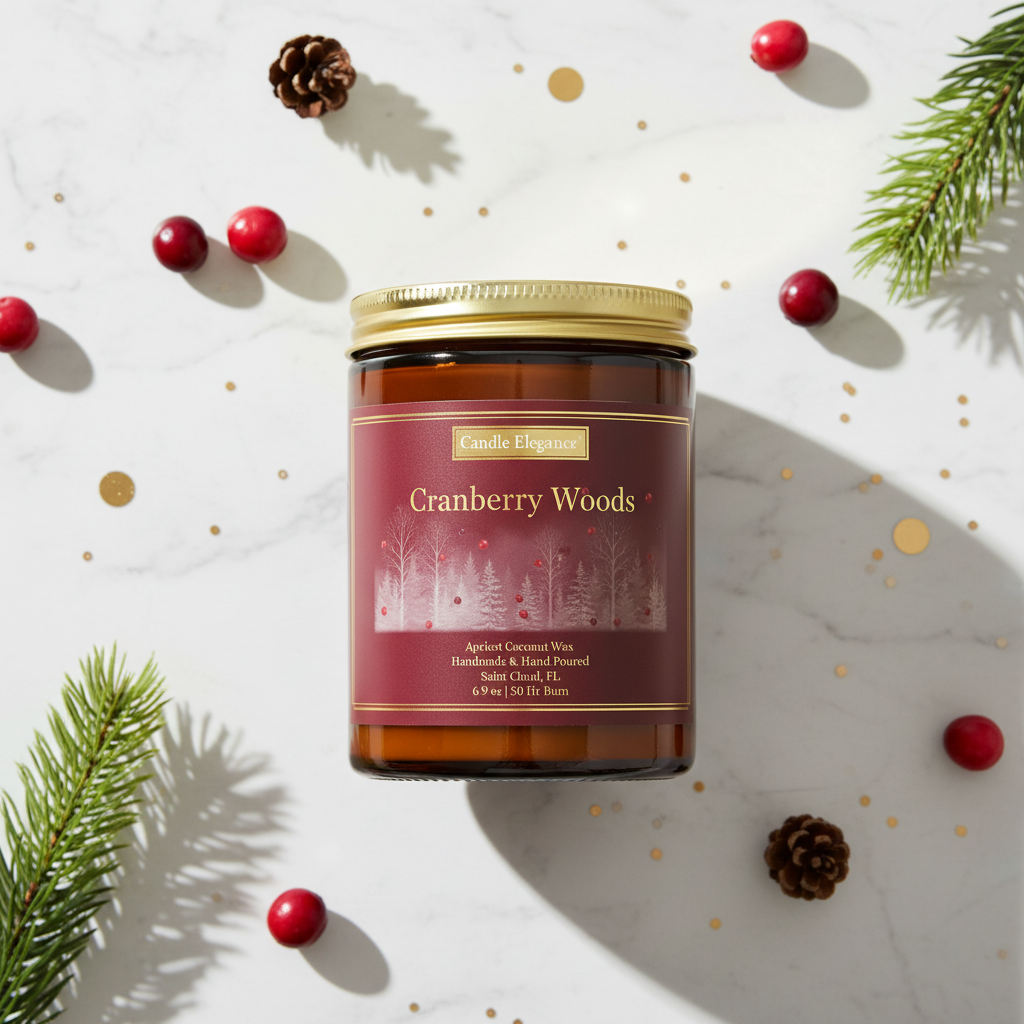 A jar candle labeled 'Cranberry Woods' by Candle Elegance, styled on a white marble surface with pine branches, red cranberries, and gold confetti.
