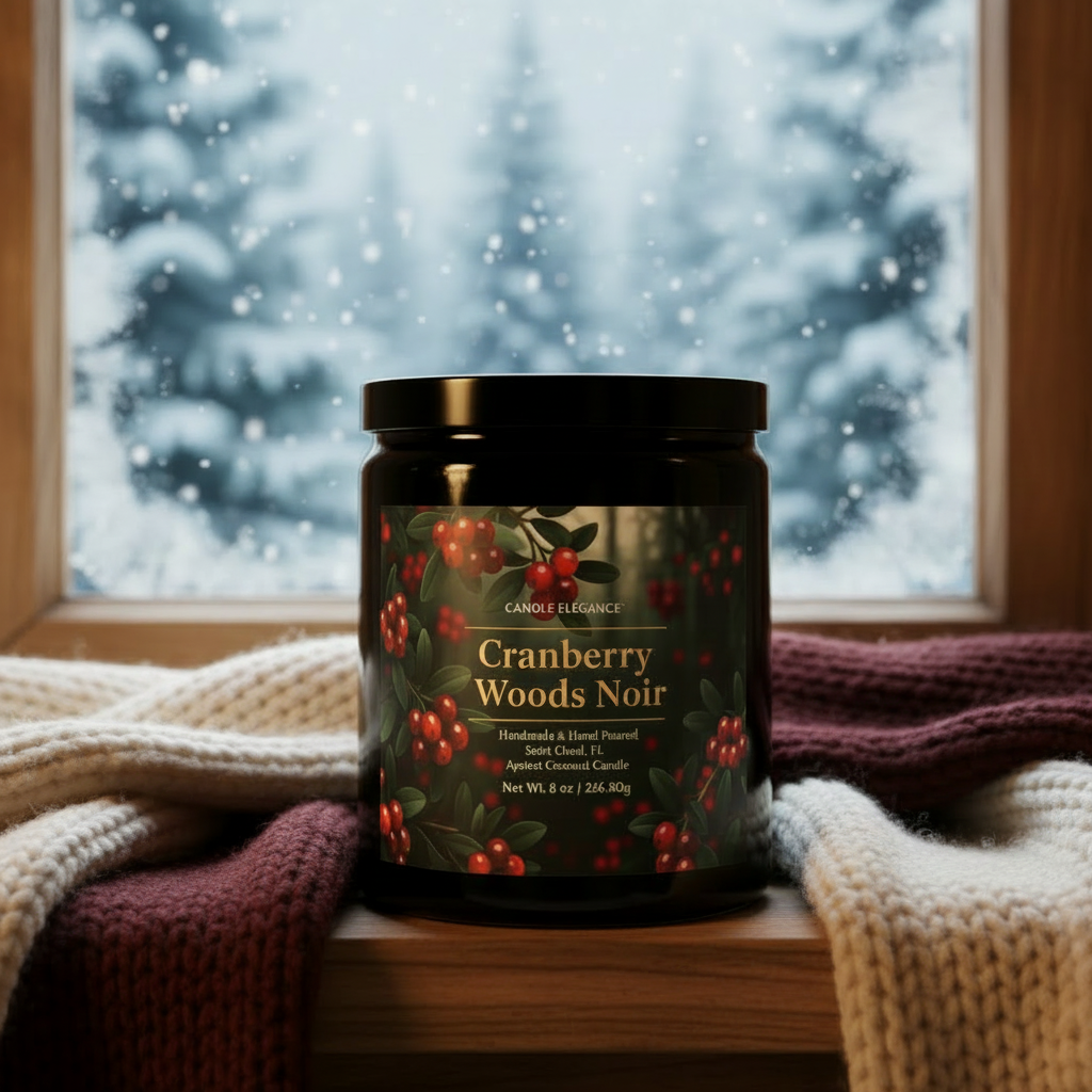 A black glass jar candle labeled 'Candle Elegance Cranberry Woods Noir' sits on a wooden surface with scarfs around it against a snowy winter scene window backdrop.