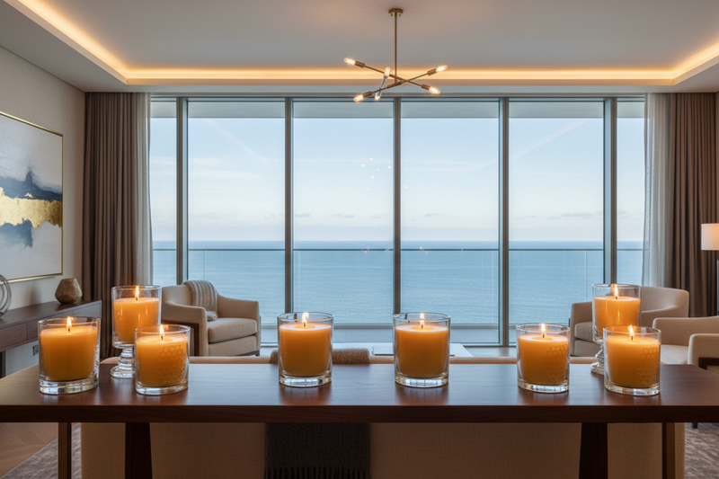 Create a banner with beeswax glass candles in an elegant home with a ocean in the background looking through the window