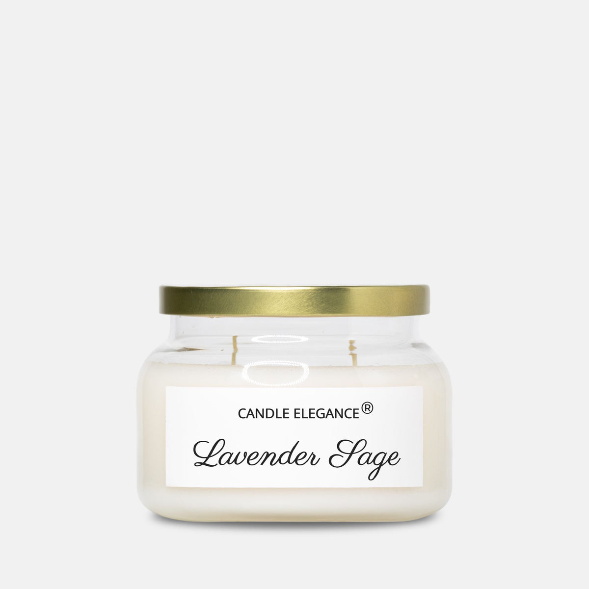 A Candle Elegance Lavender Sage scented candle in a clear glass jar with a gold metal lid and a white label, set against a light gray background.