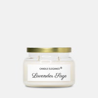 A Candle Elegance Lavender Sage scented candle in a clear glass jar with a gold metal lid and a white label, set against a light gray background.