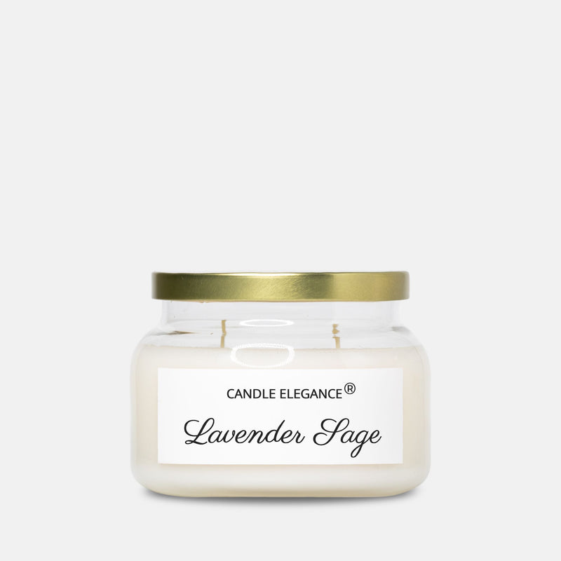 A Candle Elegance Lavender Sage scented candle in a clear glass jar with a gold metal lid and a white label, set against a light gray background.