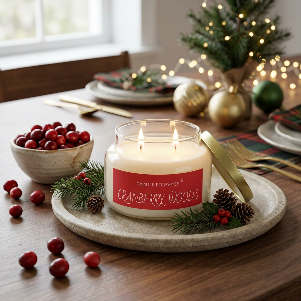 Double-wick Cranberry Woods candle in a festive holiday table setting