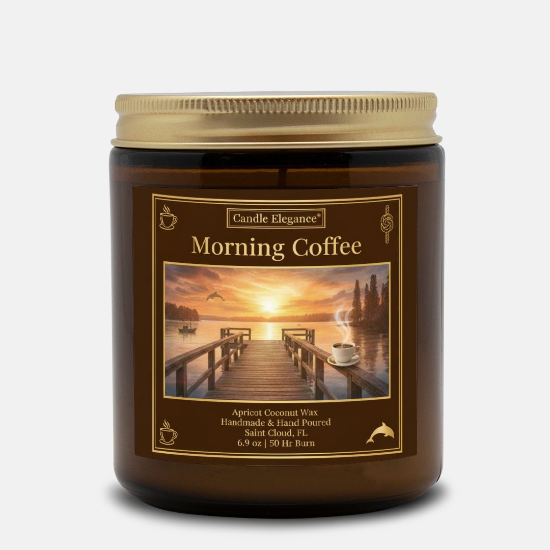 A Candle Elegance 'Morning Coffee' scented candle in a dark amber glass jar with a gold metal lid, set against a light gray background.