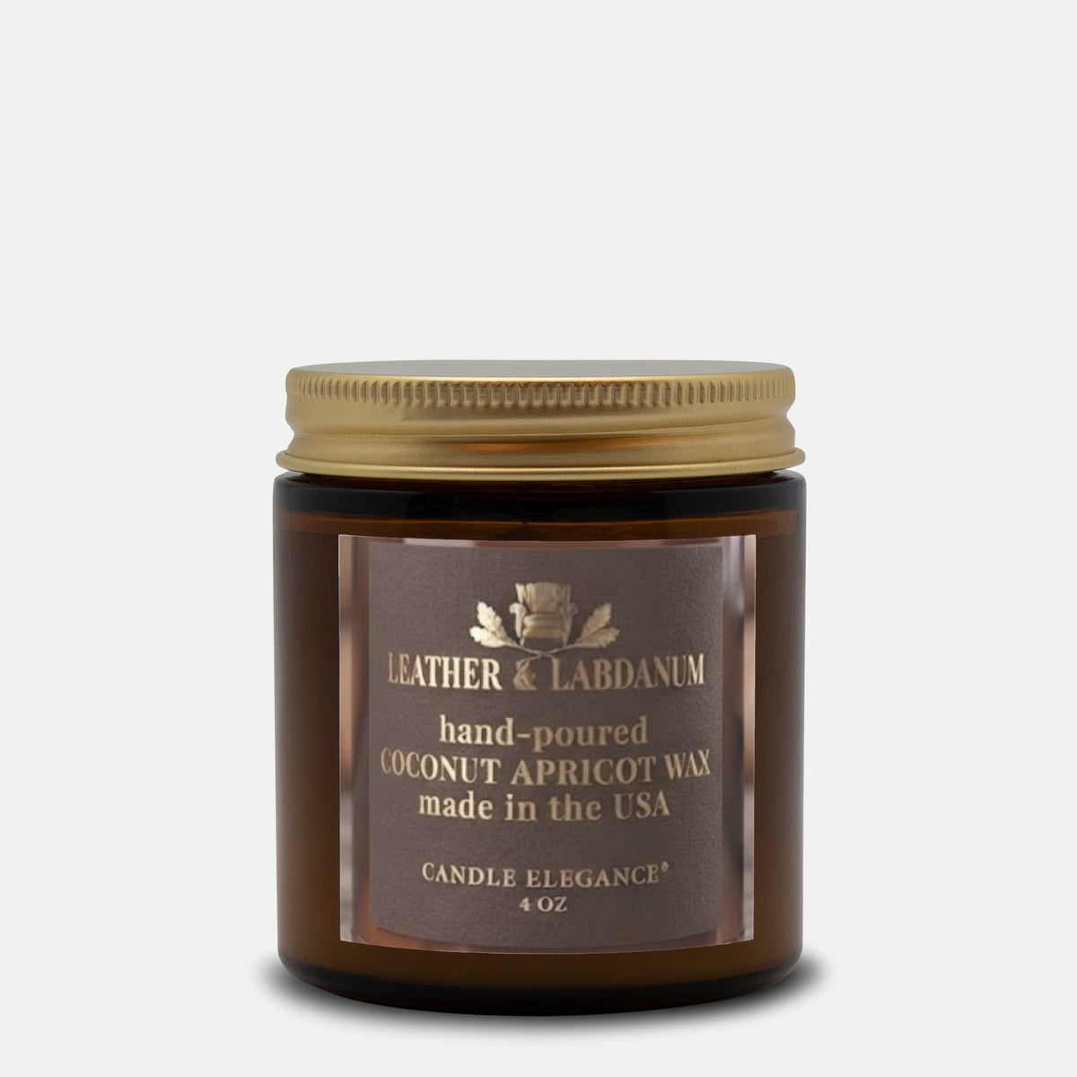 A 4 oz amber glass jar candle with a gold metal lid and a brown label reading 'Leather & Labdanum' and 'Coconut Apricot Wax'.
