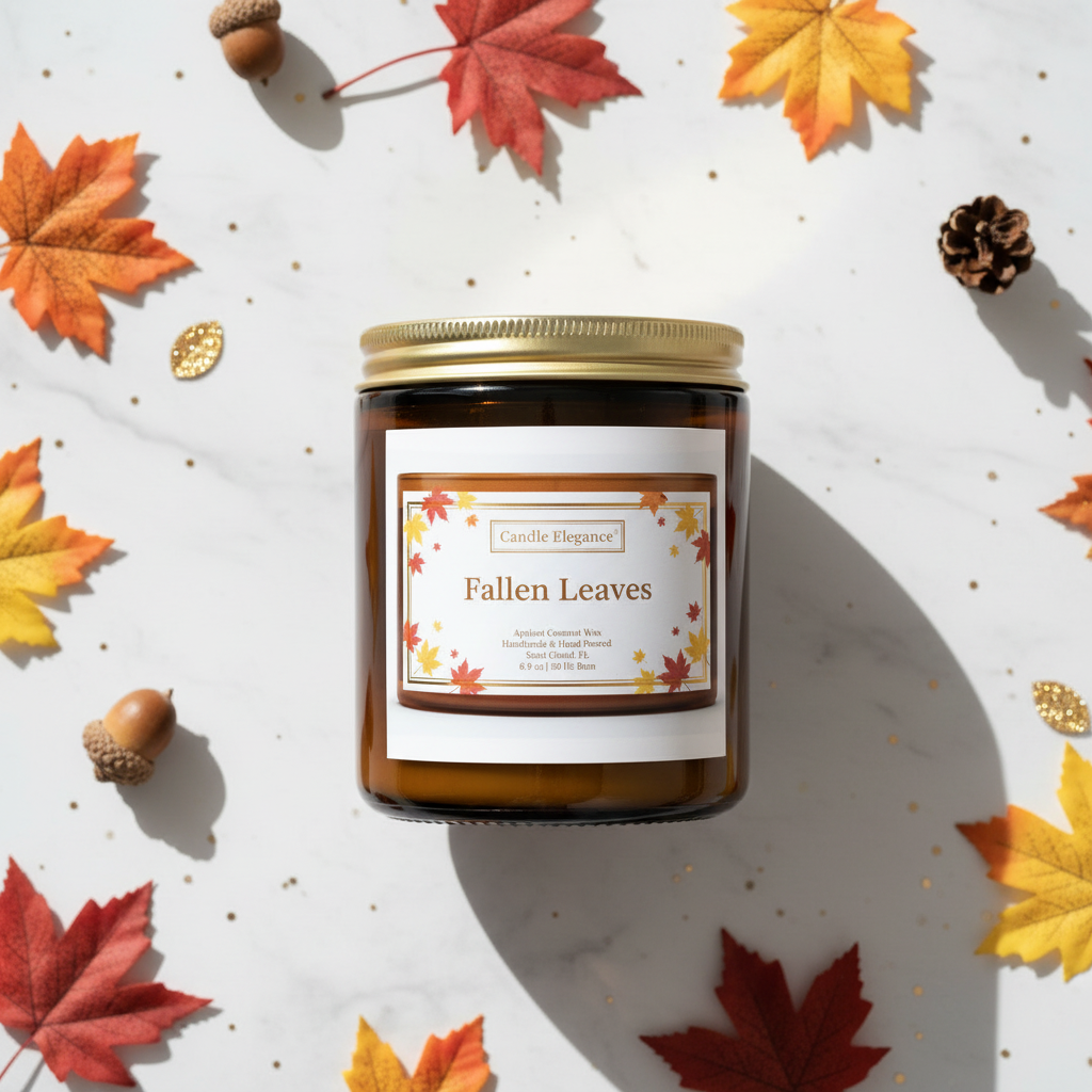 An amber glass jar candle with a gold metal lid and a white label reading 'Candle Elegance' and 'Fallen Leaves,' styled on a white marble surface with scattered autumn leaves, acorns, and a small pinecone.