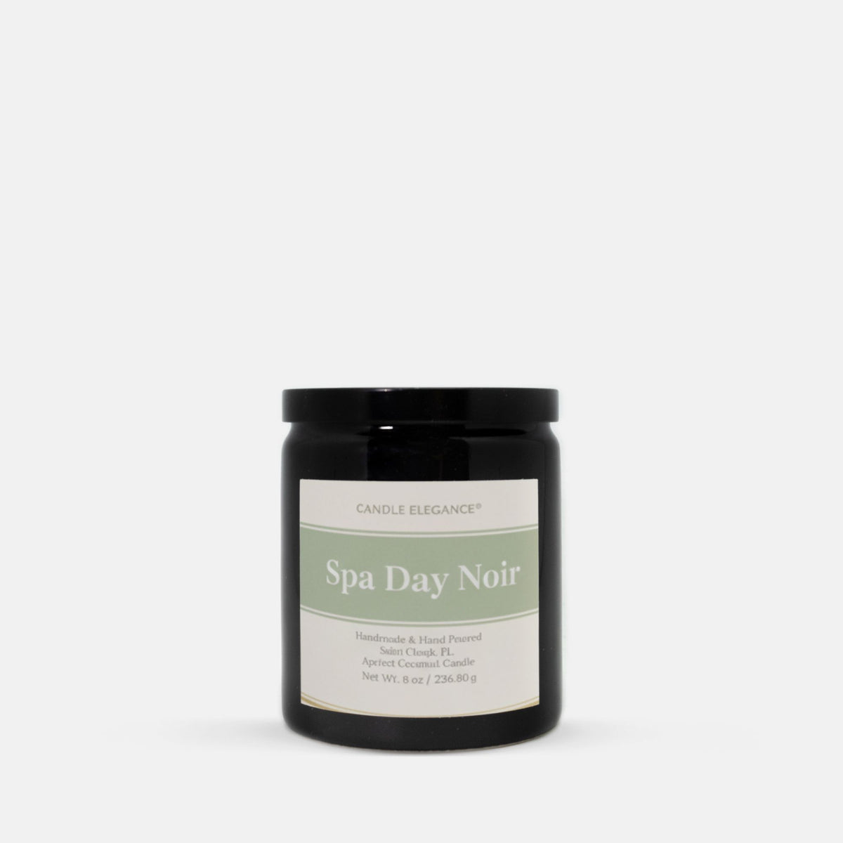A black glass jar candle with a black lid and a cream label reading 'Spa Day Noir' by Candle Elegance, centered on a light gray background.
