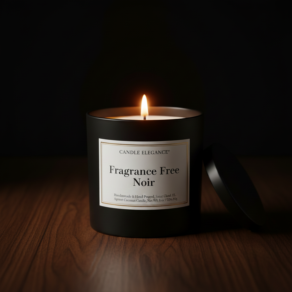 A black glass candle jar with a lit flame sits on a wooden surface against a dark background. The front label reads 'CANDLE ELEGANCE' and 'Fragrance Free Noir.