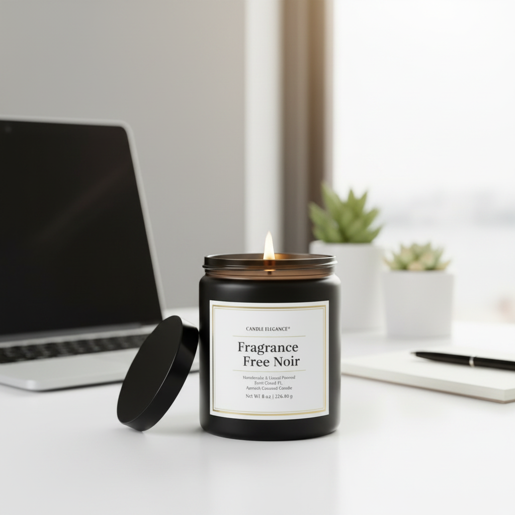 A lit black candle jar with its lid off, placed on a white desk next to a laptop, with small potted plants and a notebook in the background. The label reads 'Candle Island' and 'Fragrance Free Noir'.