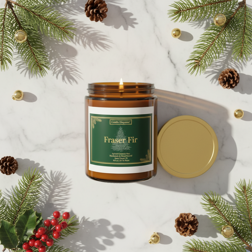 Fraser Fir Candle by Candle Elegance displayed with fall fir twigs, pines and a white marble background
