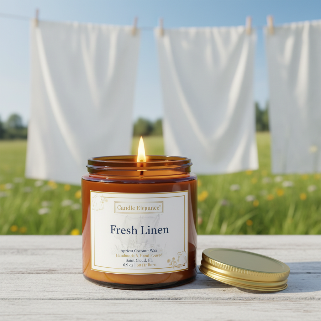 An amber glass jar candle labeled 'Fresh Linen' by Candle Elegance sits on a white wooden table outdoors, with its gold lid beside it and a blurred background of white laundry hanging on a clothesline over a green field.