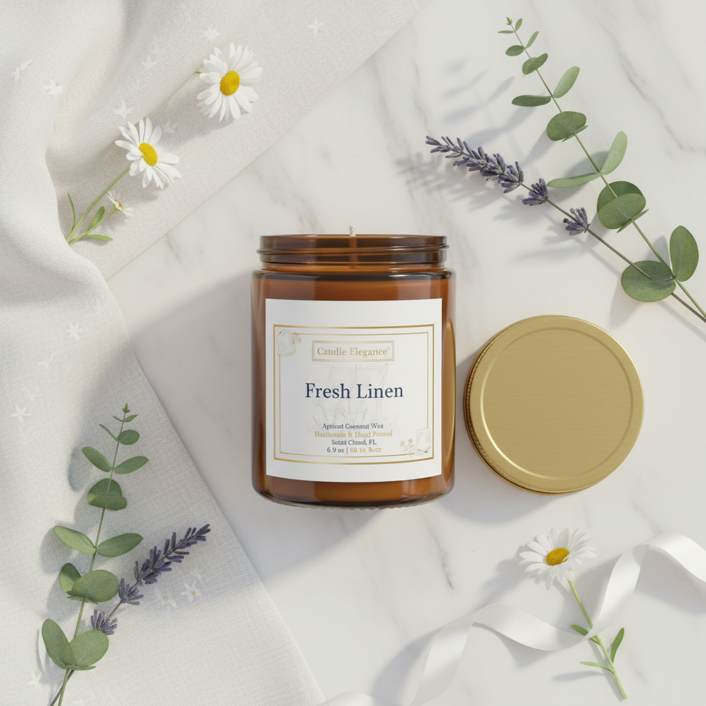 An amber glass candle jar labeled 'Fragrance House Fresh Linen' sits on a white marble surface with its gold lid beside it, styled with white daisies, green eucalyptus leaves, and lavender sprigs on a white fabric backdrop.