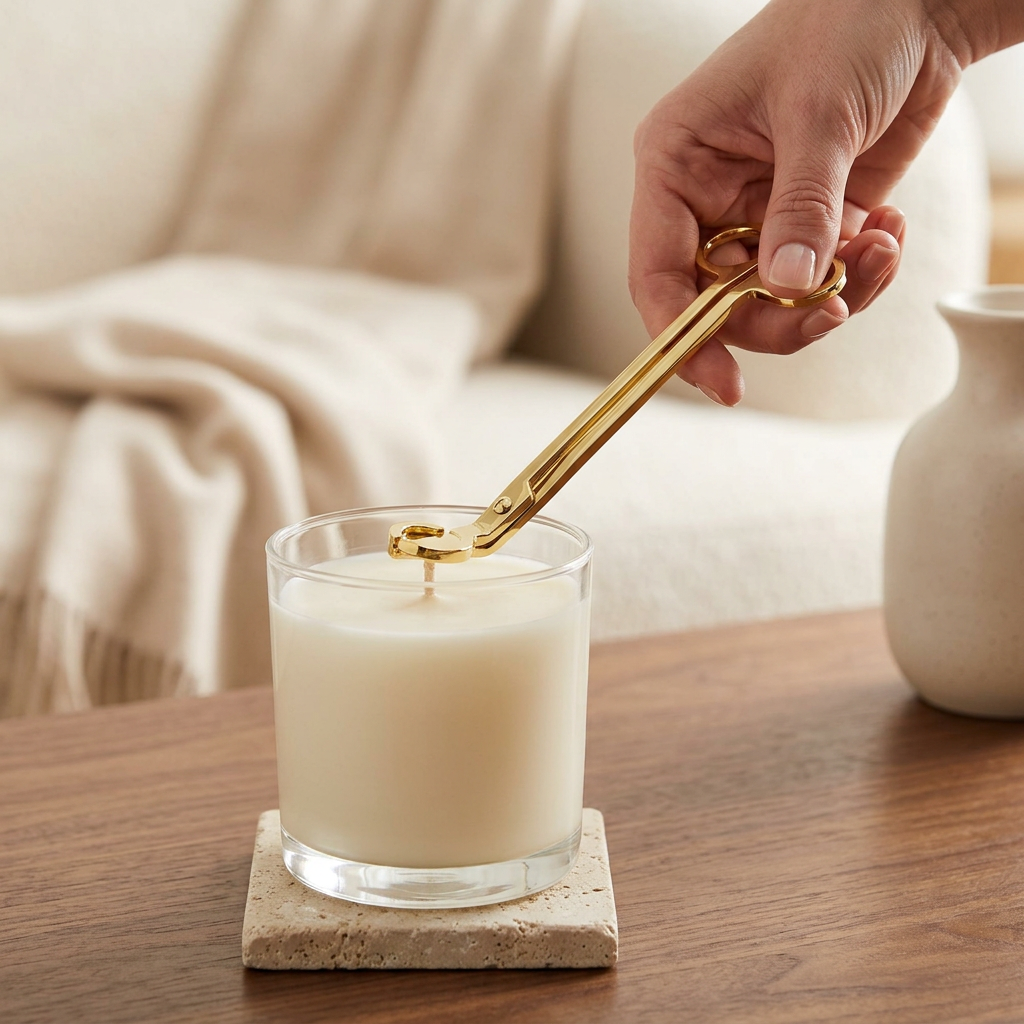 Gold luxury wick trimmer cutting an unlit candle’s cotton wick