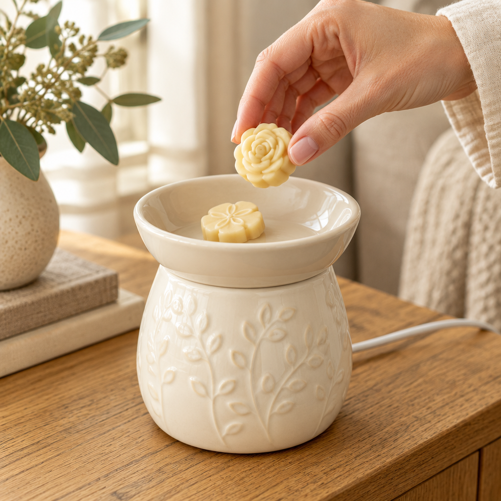 Hand placing floral wax melts into a ceramic electric warmer