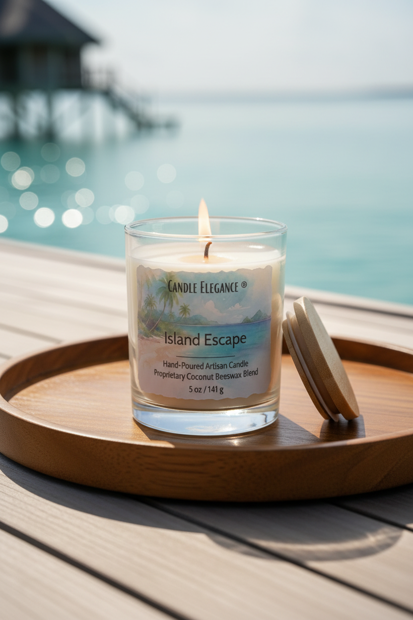 A lit Candle Elegance Island Escape scented candle in a clear glass jar sits on a round wooden tray, with its wooden lid leaning beside it. The background shows a blurred tropical ocean and overwater bungalows, indicating a beach or resort setting.