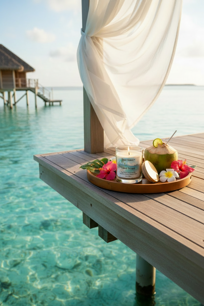 A tropical overwater scene with a wooden deck extending into clear turquoise water, a white draped canopy, and a tray holding a lit candle, a coconut drink, flowers, and a coconut half on a beachfront platform.