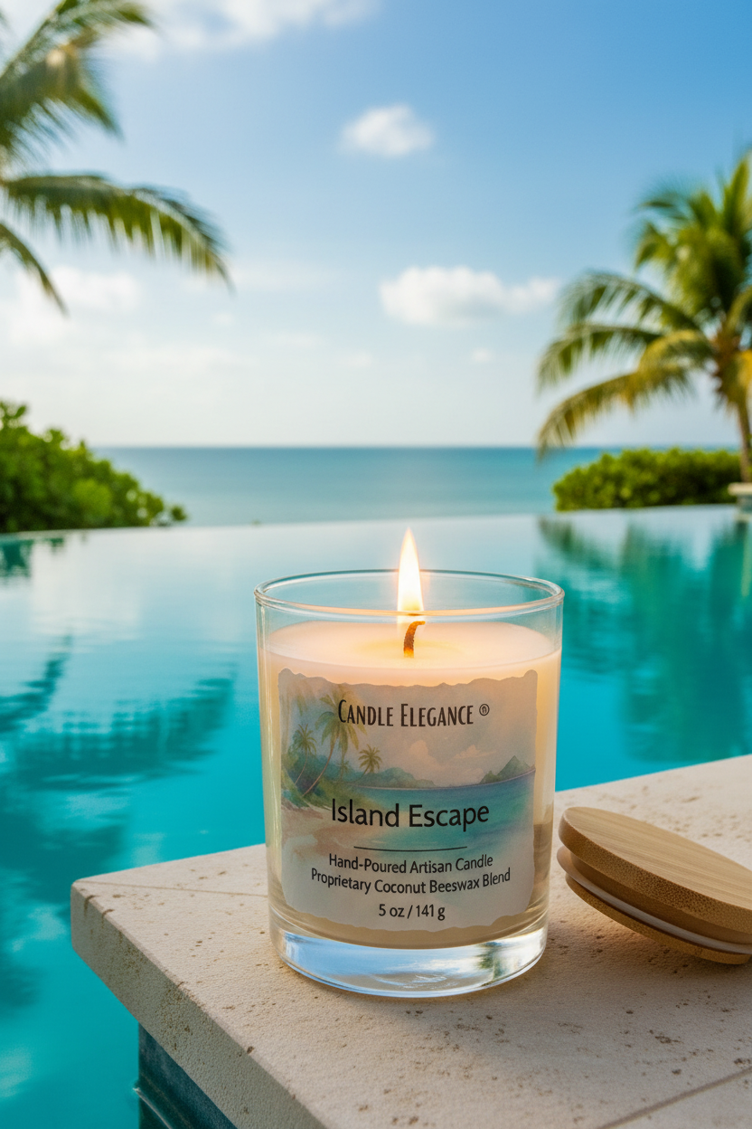 A lit Candle Elegance Island Escape scented candle in a clear glass jar sits on a stone ledge beside its wooden lid, with a tropical infinity pool and ocean in the background.