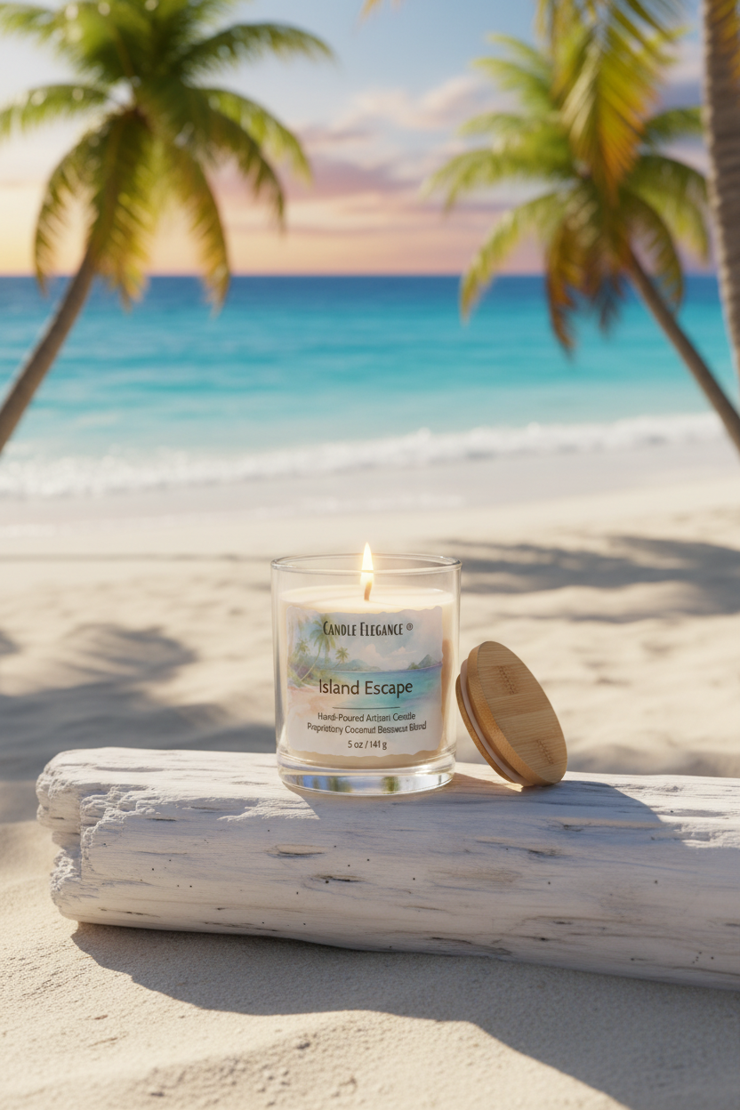 A lit scented candle in a clear glass jar sits on a white driftwood log on a sandy beach, with palm trees and turquoise ocean water blurred in the background. The wooden lid rests beside the jar.