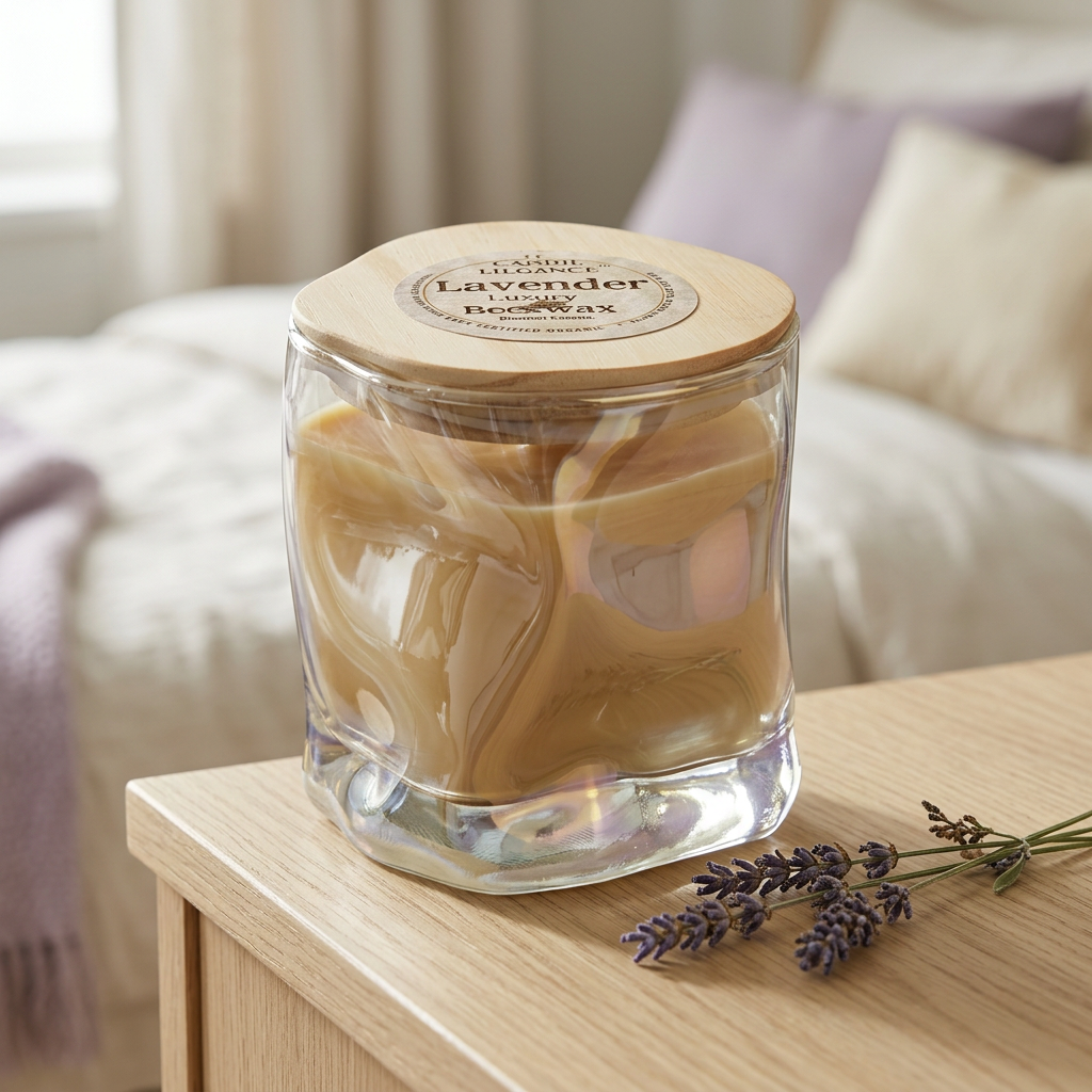 Lavender candle in a serene linen bedroom