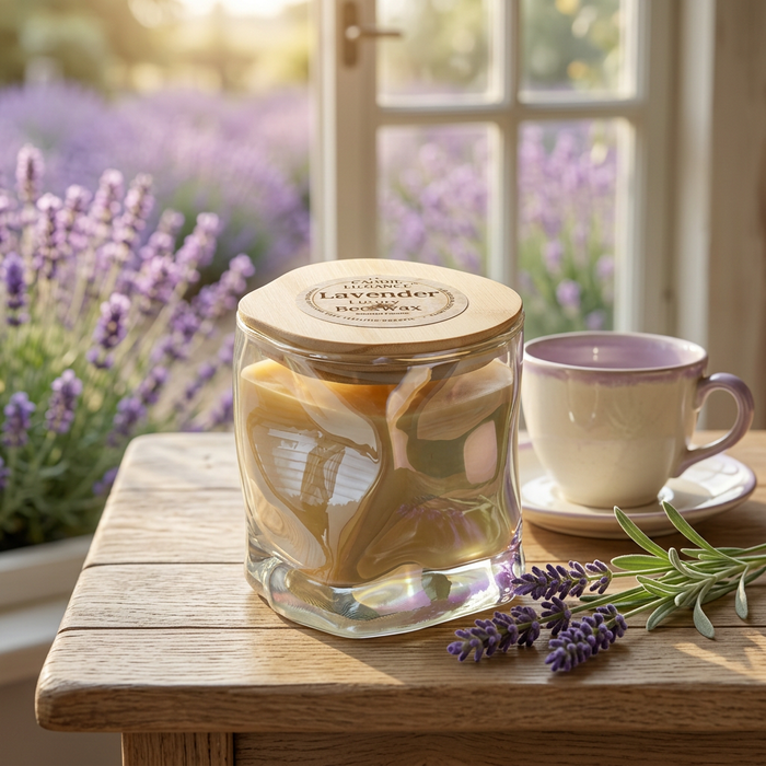 Lavender candle in a sunlit country cottage overlooking a lavender garden