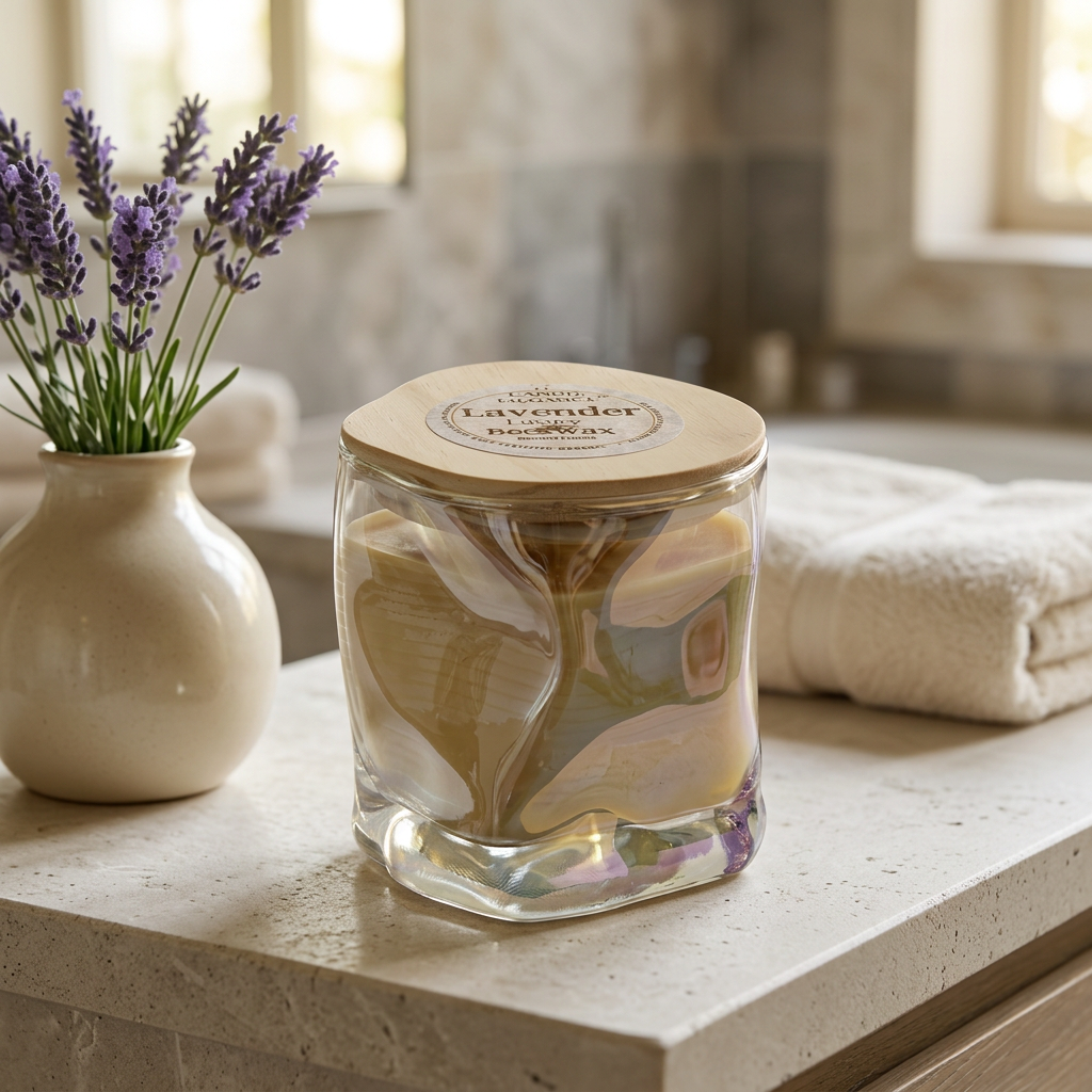 Lavender candle on a limestone spa vanity with lavender flowers