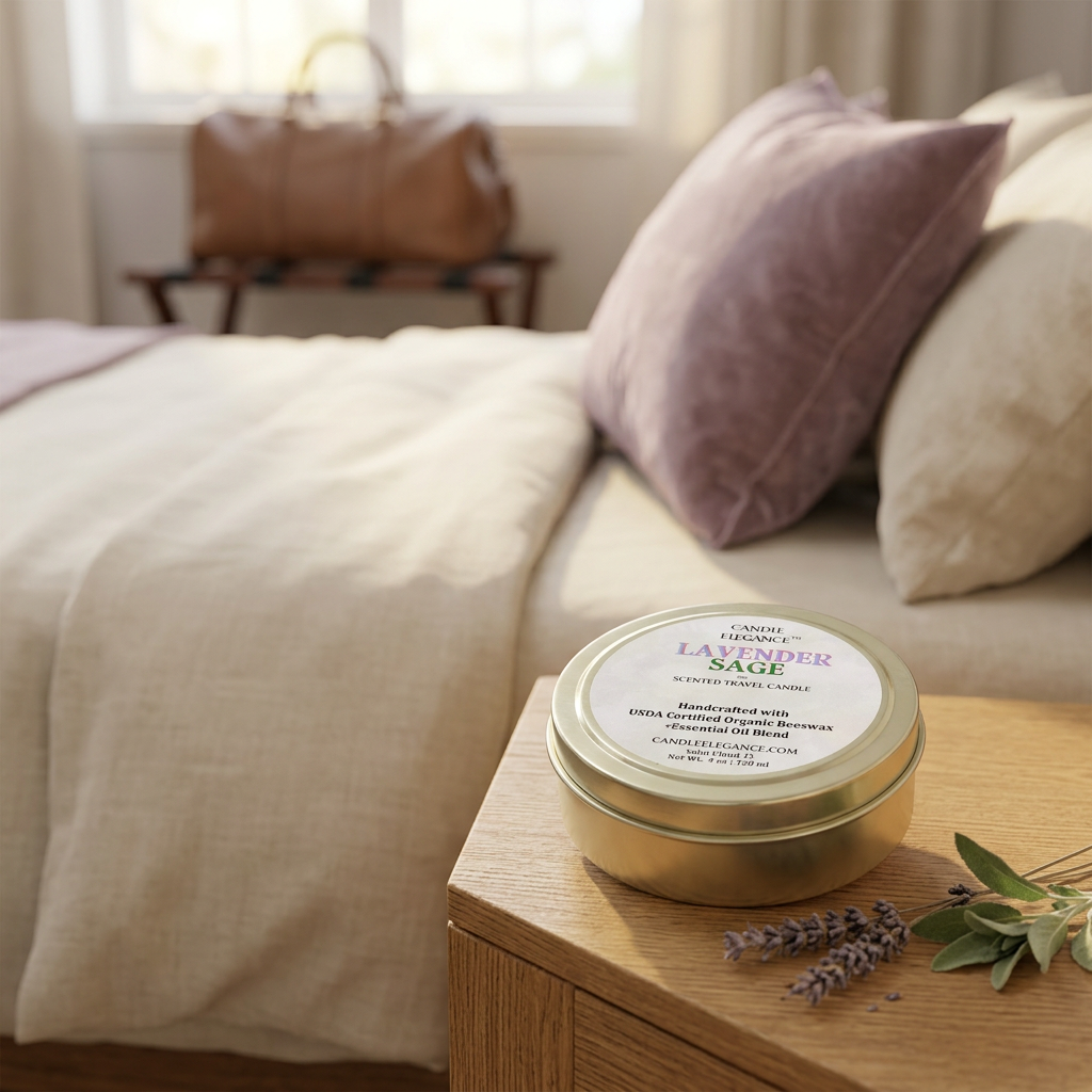 Lavender & Sage travel candle in a serene guest room