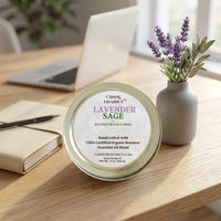 Lavender & Sage travel candle on an office desk