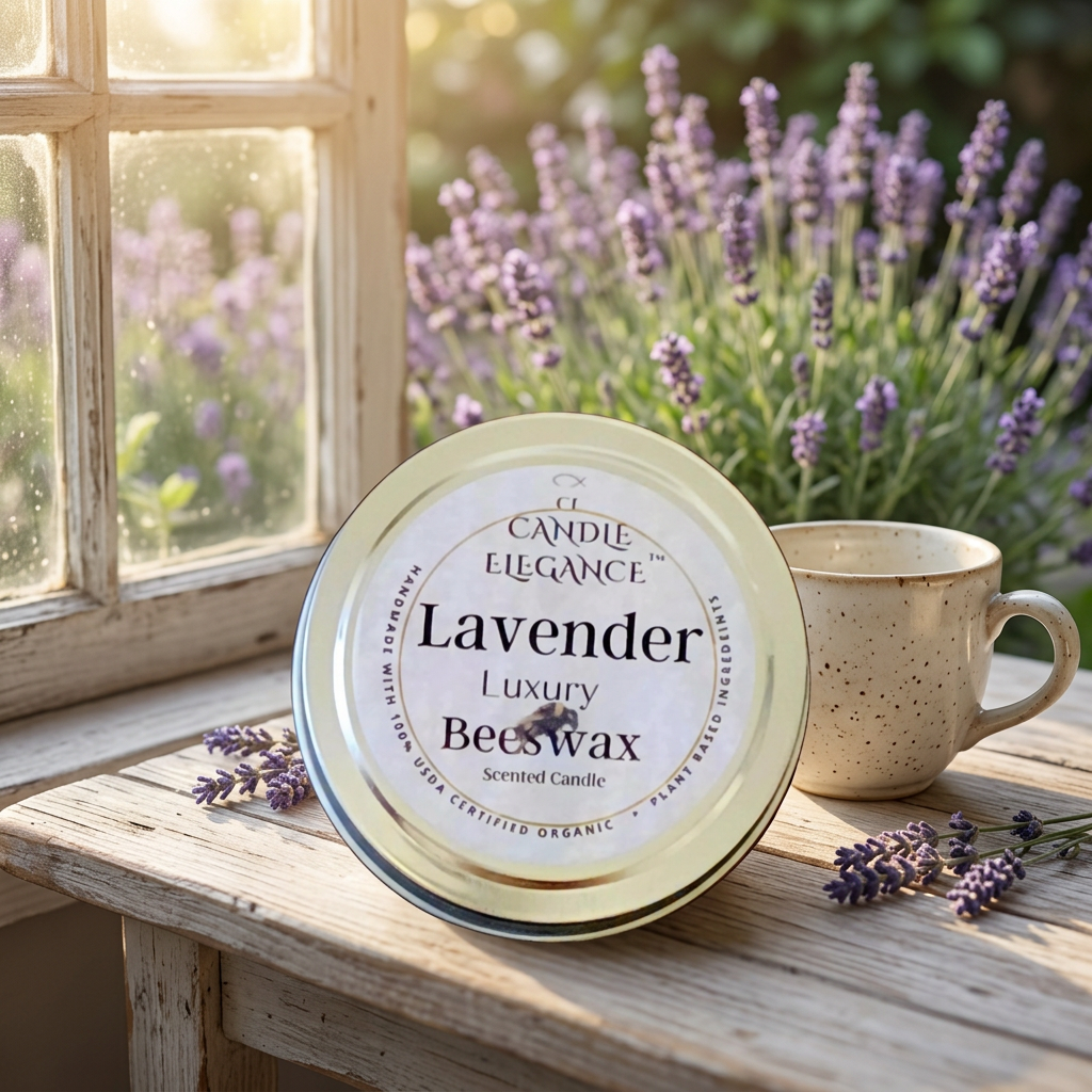 Lavender travel candle beside a garden window