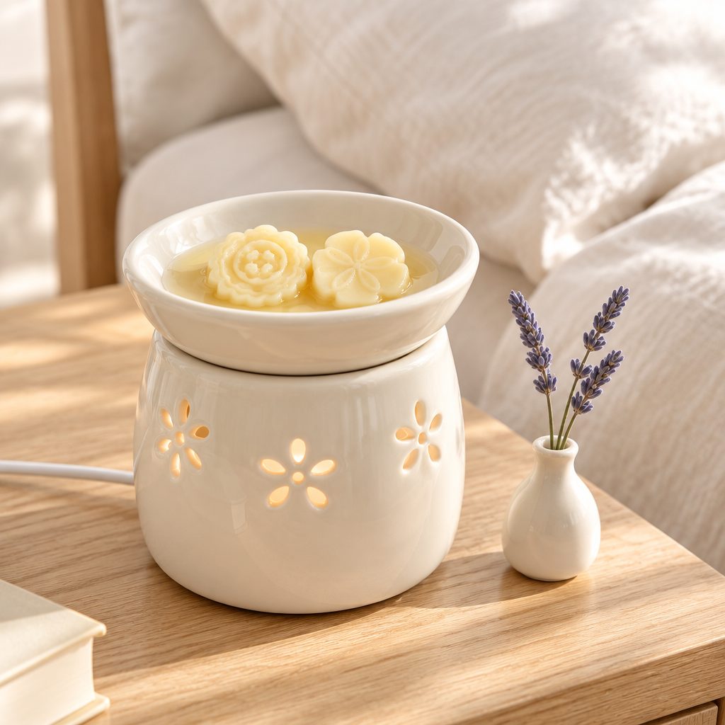 Lavender Vanilla melts and electric warmer beside a tiny lavender vase