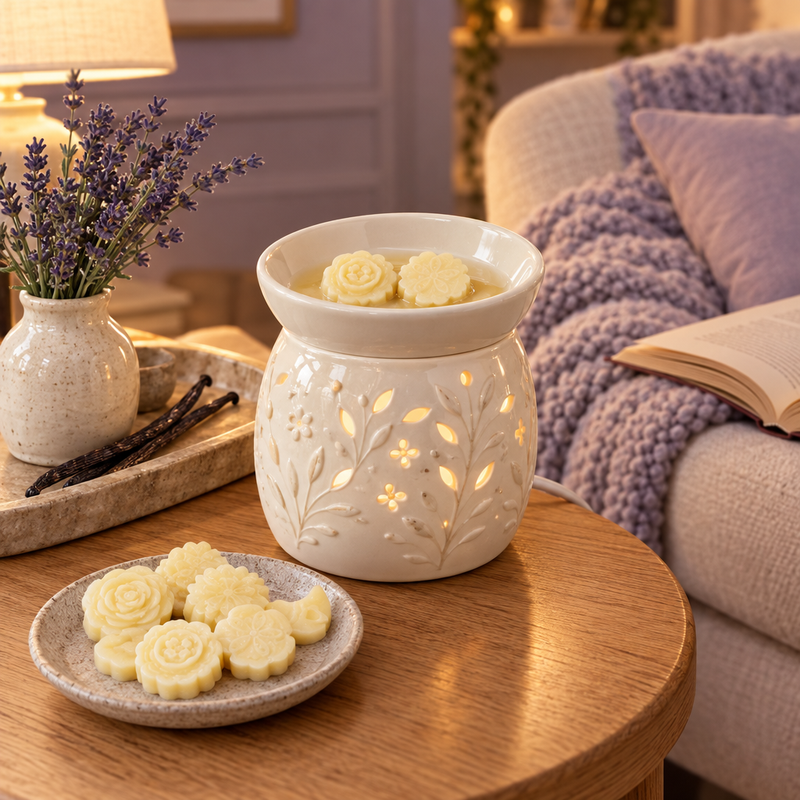 Lavender Vanilla melts in a serene evening reading nook