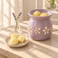 Lavender Vanilla melts on a sunlit console with a small lavender bud vase