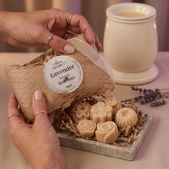 Lavender wax-melt package being opened as a gift