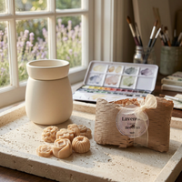Lavender wax melts in a sunlit cottage artist’s studio