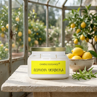 Lemon Verbena candle in a sunlit citrus conservatory