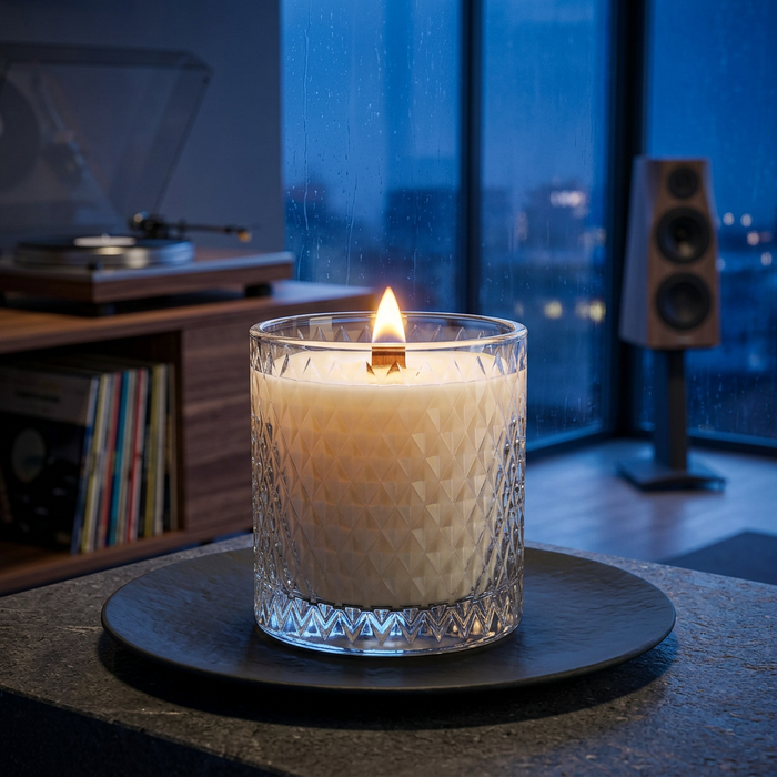 Lit Bare Essence candle in a moody vinyl-listening room