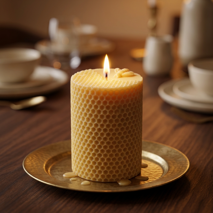 Lit Bee Pillar candle in a warm evening dining setting