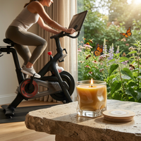 Lit beeswax candle beside a stationary bike with a window view of nettles, bees, and monarch butterflies
