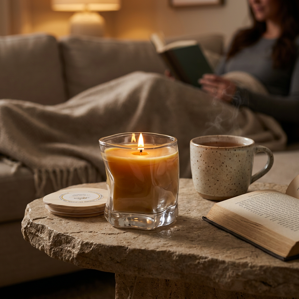 Lit beeswax candle in a cozy reading scene