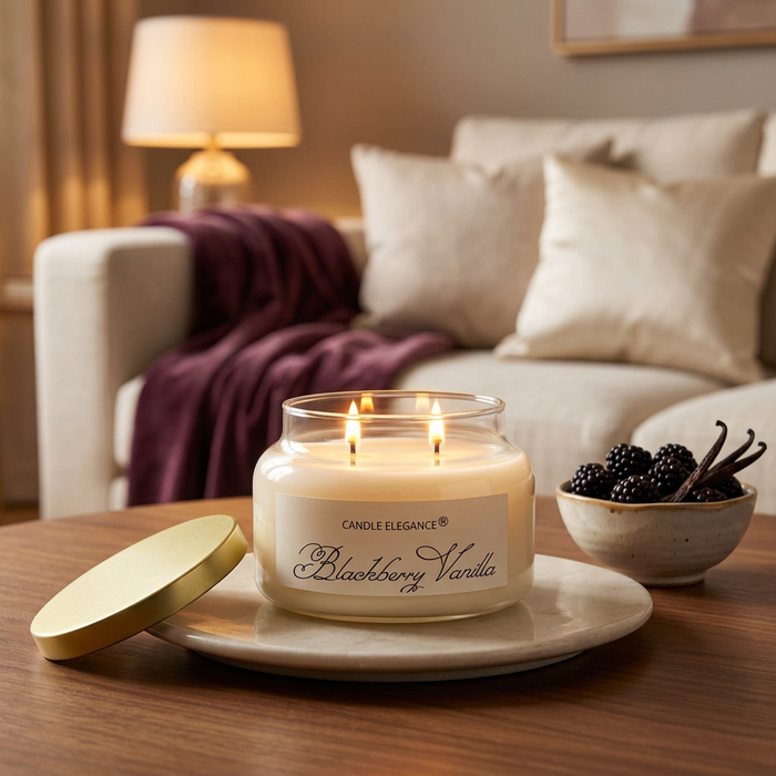 Lit Blackberry Vanilla candle with blackberries in a cozy evening setting